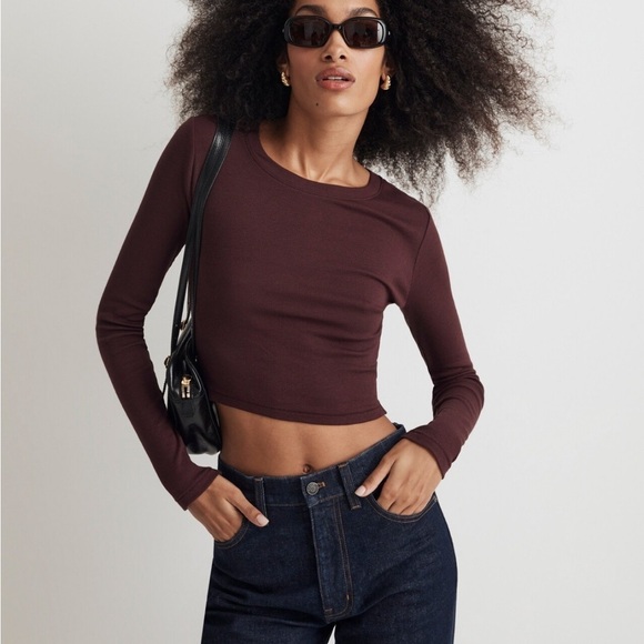 Madewell Fine Ribbed Supercrop Crewneck Long-Sleeve Tee - Picture 1 of 13